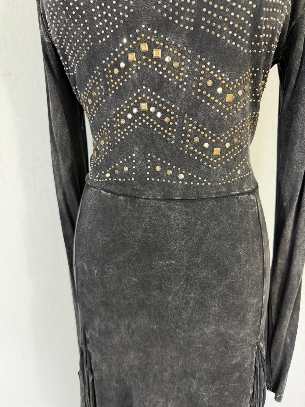 Vintage T Party Black Enzyme Wash Fringe Studded Y2K Goth Grunge Dress size L - Picture 4 of 8